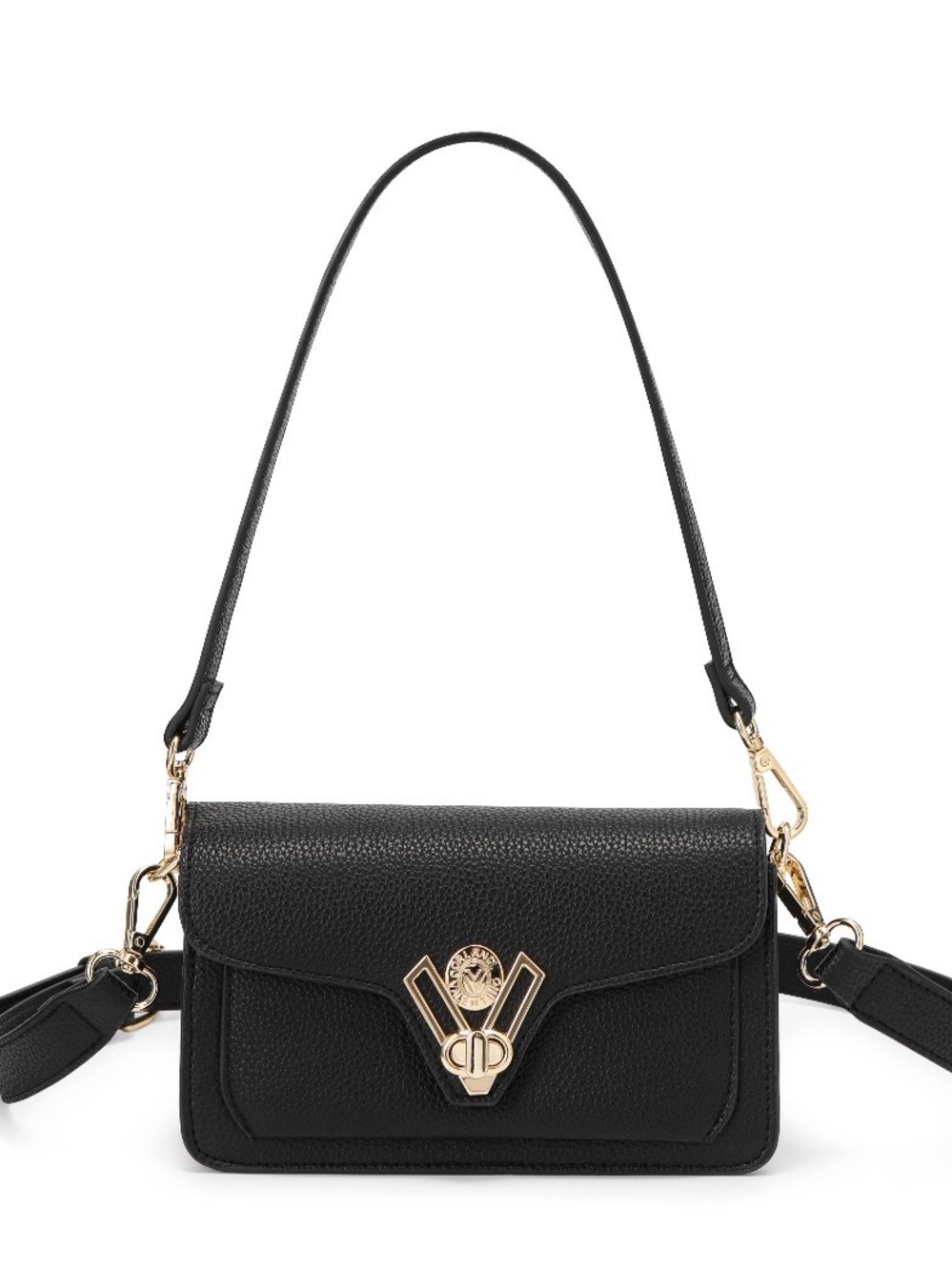 NWT Valentino Orlando Roma Black Pebbled Leather Shoulder Bag with Gold Hardware